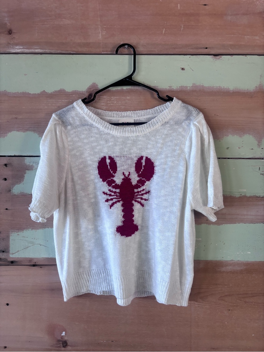 BiBi White Short-Sleeve Knit Top with Magenta Lobster